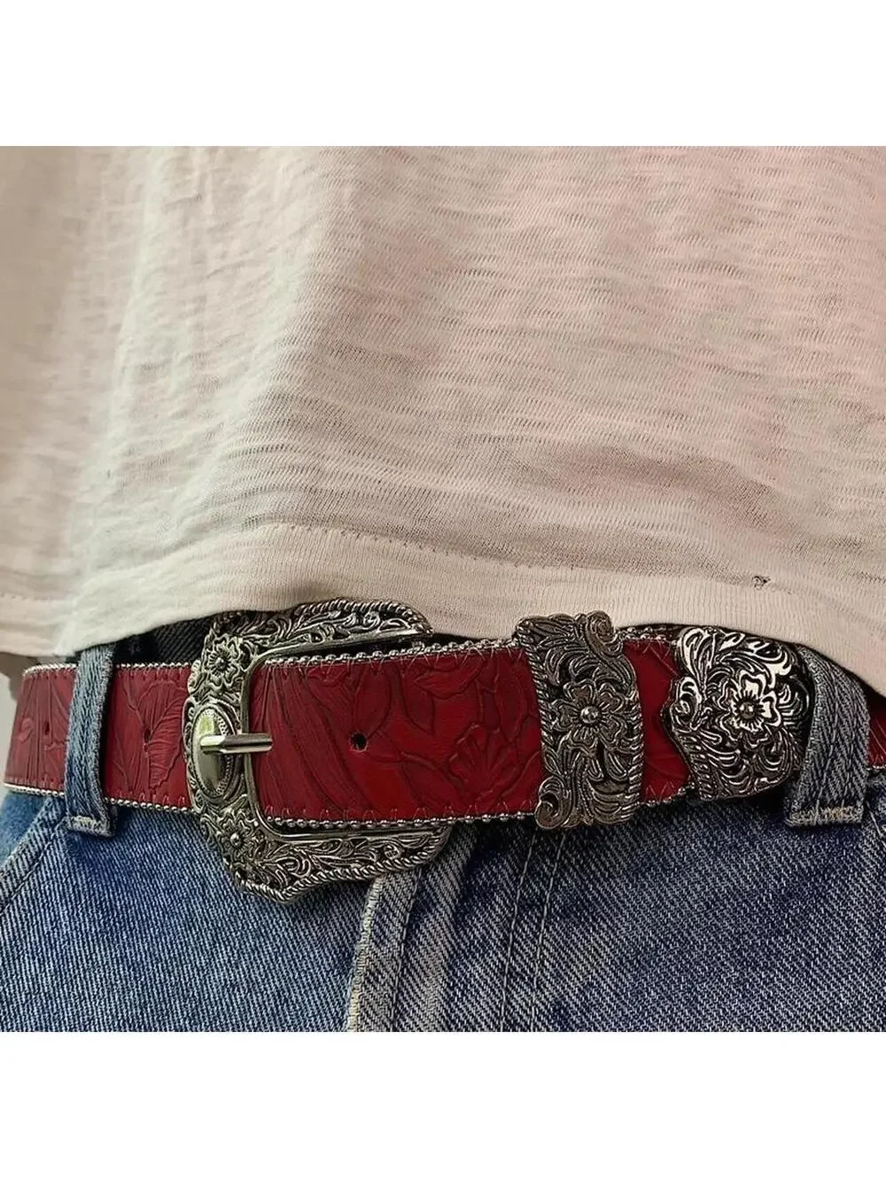 Red Western Floral belt with silver belt buckle. 38 inches length